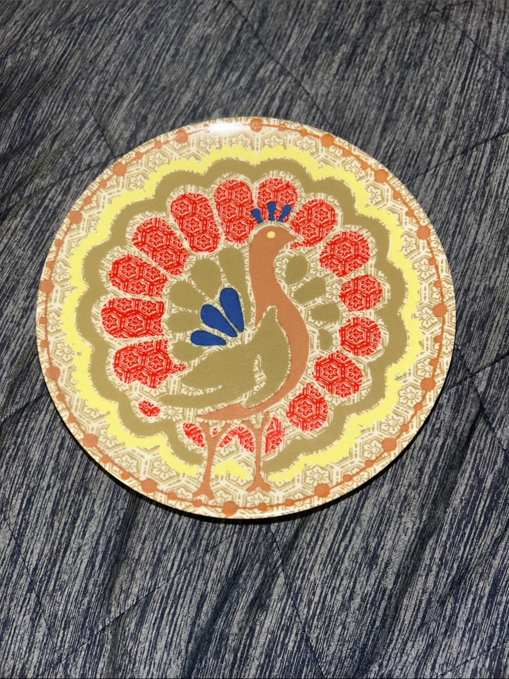 Anthropologie Yellow and Red Peacock Dessert Plates set of four